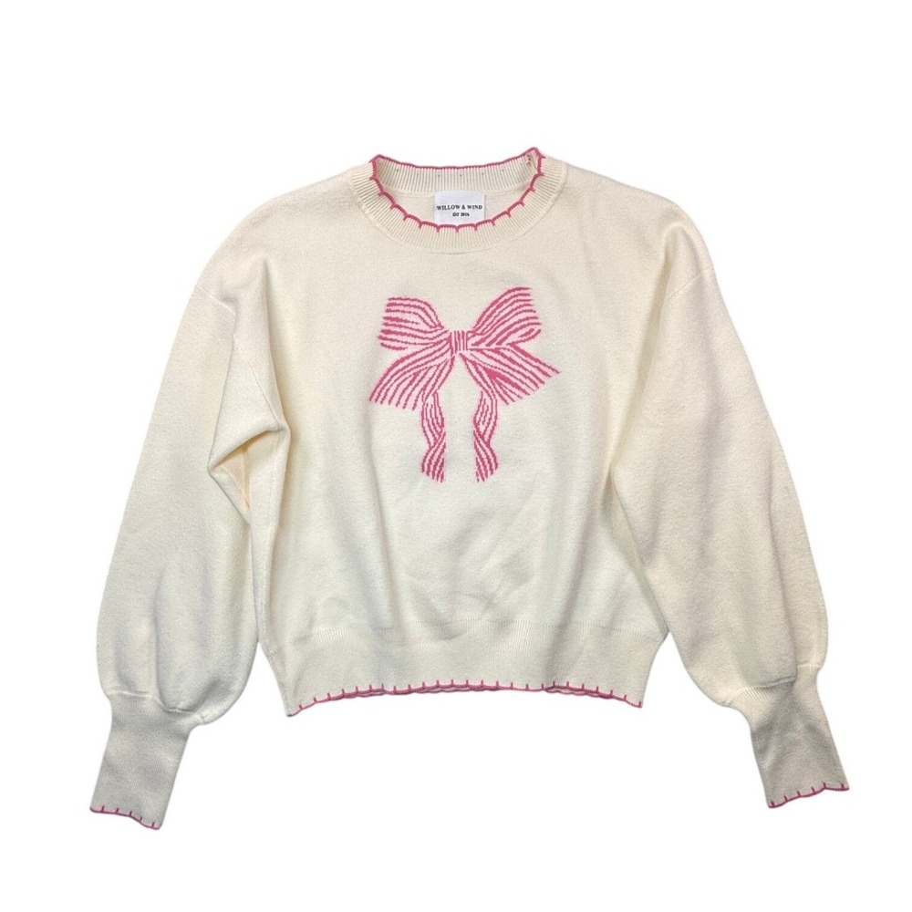 Willow & Wind Cream‎ Pink Bow Knit Sweater Crewneck Balloon Sleeve Size M